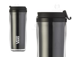 Black plastic container with a shiny metal lid, empty and clean, used for storing liquids.