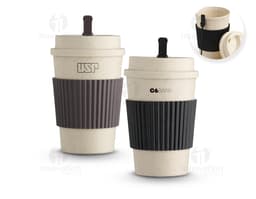 Wheat Fiber Cup 450ml in a setting with coffee, cup, drink, espresso, saucer, brown, food, powder, spoon, table, tableware