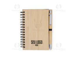 Caderneta em bambu com caneta: ideal para anotações no escritório ou na escola. Feita em bambu sustentável, possui uma caneta