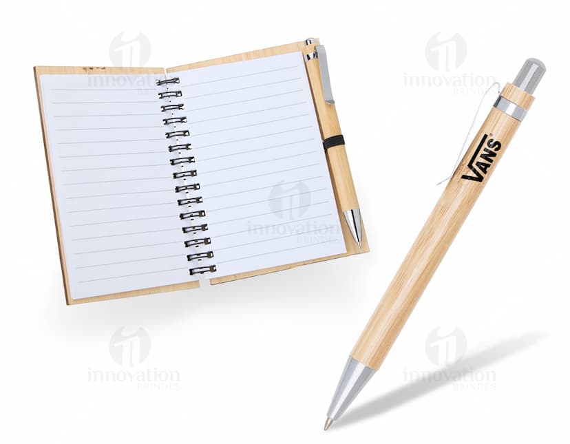 caderneta em bambu com caneta Personalizado
