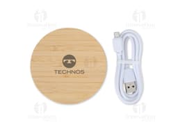 Cargador de inducción con diseño en bambú y luz LED. Ideal para cargar dispositivos electrónicos de forma práctica y moderna.