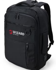 Mochila de nylon preta de 20 litros para viagem e trabalho, com alça de couro, zíper, alça de mão e design moderno e elegante. Ideal para executivos e profissionais bem-sucedidos.