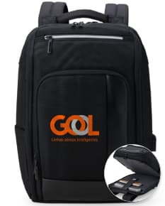 Mochila 23L preta com detalhes em couro, estilo vintage e moderno. Perfeita para viagens e negócios, possui alça, fecho eletrônico, compartimentos para equipamentos eletrônicos e câmera.