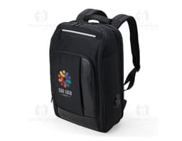 23L black backpack with leather details, vintage and modern style. Perfect for travel and business, it has a handle
