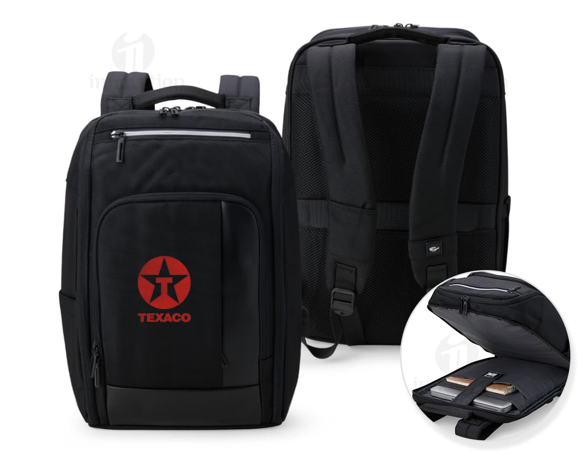 Mochila 23L preta com detalhes em couro, estilo vintage e moderno. Perfeita para viagens e negócios, possui alça, fecho eletrônico, compartimentos para equipamentos eletrônicos e câmera.