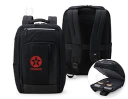 23L black backpack with leather details, vintage and modern style. Perfect for travel and business, it has a handle