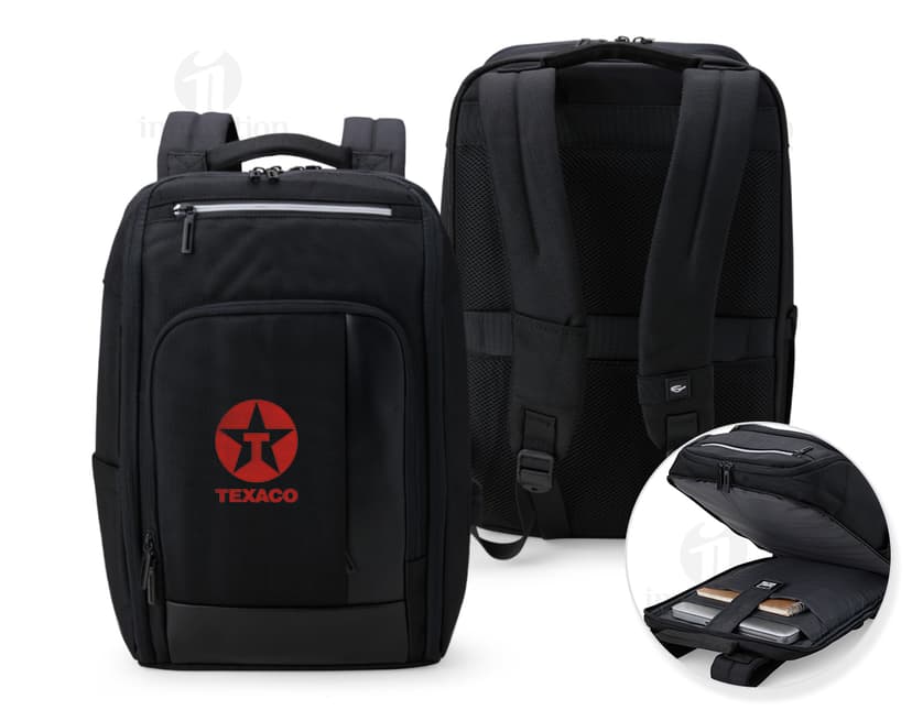 Mochila 23L preta com detalhes em couro, estilo vintage e moderno. Perfeita para viagens e negócios, possui alça, fecho eletrônico, compartimentos para equipamentos eletrônicos e câmera.
