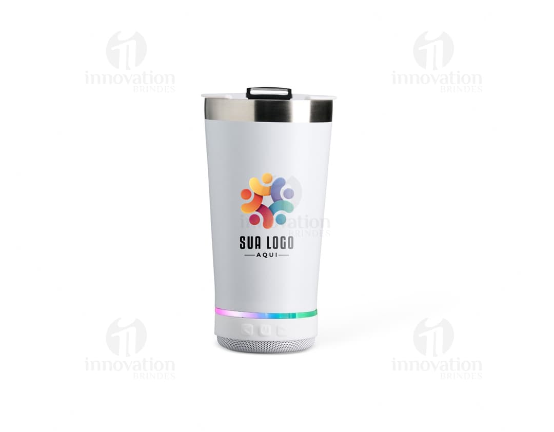 Container de alta qualidade, elegante e funcional, apresentando um copo térmico em aço inoxidável com caixa de som integrada.