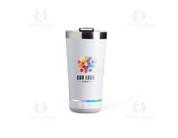Container de alta qualidade, elegante e funcional, apresentando um copo térmico em aço inoxidável com caixa de som integrada.