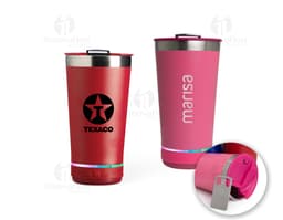 Container de alta qualidade, elegante e funcional, apresentando um copo térmico em aço inoxidável com caixa de som integrada.