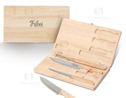 Stainless steel BBQ set with wooden case, including knife, fork, spatula, and BBQ scissors. Perfect for preparing meals