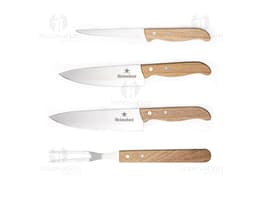 Stainless steel BBQ set with wooden case, including knife, fork, spatula, and BBQ scissors. Perfect for preparing meals
