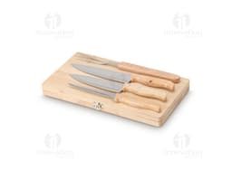 Stainless steel BBQ set with wooden case, including knife, fork, spatula, and BBQ scissors. Perfect for preparing meals