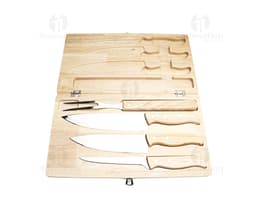 Stainless steel BBQ set with wooden case, including knife, fork, spatula, and BBQ scissors. Perfect for preparing meals