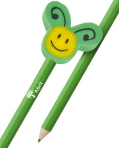 Lápis apontado com boneco de borracha, perfeito para presentear. Design moderno e colorido, ideal para decorar seu espaço de trabalho. Adquira já o seu!