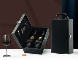 Maleta de vinho de 4 peças em veludo preto, contendo acessórios de negócios e equipamentos tecnológicos, como notebook