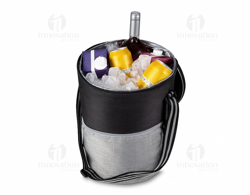 Bolsa térmica preta com capacidade de 25 litros, feita de couro, possui alça, zíper, design moderno e elegante. Ideal para viagens, negócios, armazenamento de alimentos, com compartimentos para organização de objetos.