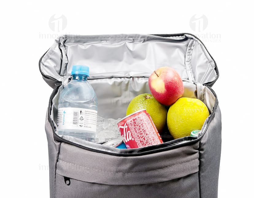 Mochila térmica 17L preta em couro, com alça e zíper, ideal para viagens de negócios e corporativas. Oferece luxo e elegância, com estilo moderno e praticidade para guardar objetos pessoais e equipamentos.