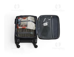 30-Liter Carry-On Bag with a modern and durable design, made of leather and metal. It features a handle and wheels for easy