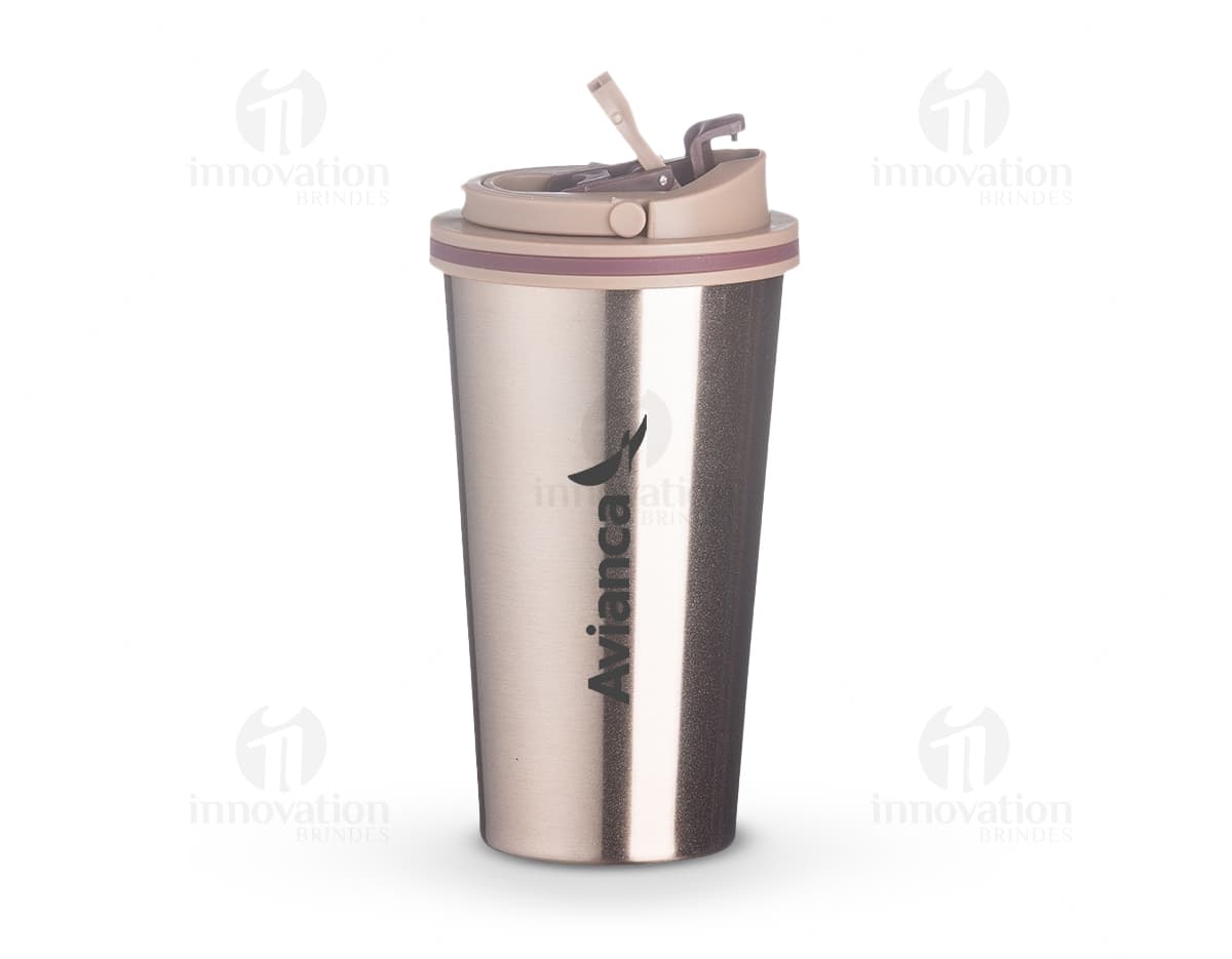 Copo de metal de 450ml, ideal para bebidas quentes e frias. Design saudável e higiênico, perfeito para o uso diário.