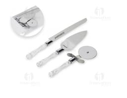 Kit de utensílios 3 peças em aço inoxidável para brindes corporativos. Faca afiada, garfo e colher em design moderno e