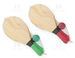 Frescobol Set on a beach background, featuring two rackets and a frescobol ball.