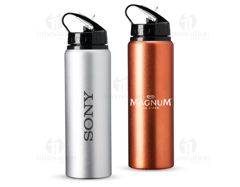 Bottle de alumínio prateado de 800ml com canudo, clean e shiny.