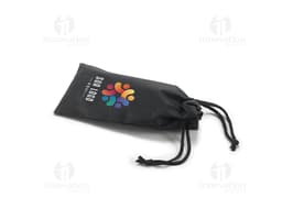 Black leather glasses pouch with drawstring closure and metal details. Contains blank label and price tag.