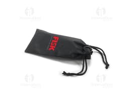 Black leather glasses pouch with drawstring closure and metal details. Contains blank label and price tag.