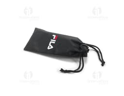 Black leather glasses pouch with drawstring closure and metal details. Contains blank label and price tag.