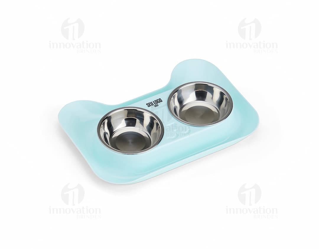 Tigela de aço inoxidável para animais com design moderno e brilhante, feita de metal prateado e circular. A imagem mostra uma