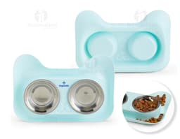 Tigela de aço inoxidável para animais com design moderno e brilhante, feita de metal prateado e circular. A imagem mostra uma