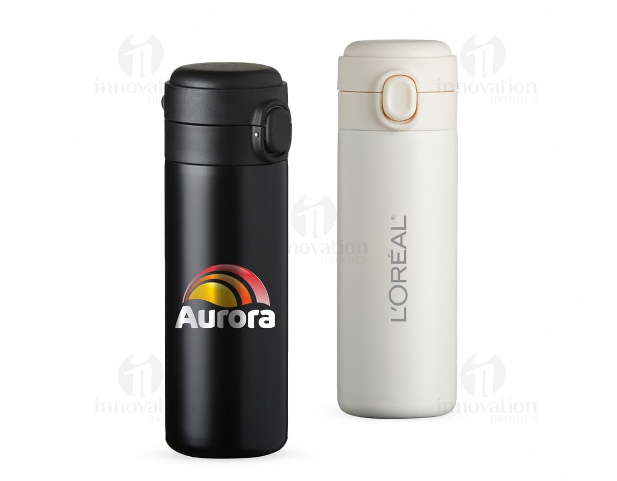 Garrafa térmica 400ml de metal prateado para manter suas bebidas quentes ou geladas por horas. Ideal para uso diário e