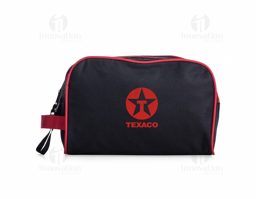 Nécessaire de poliéster preto para viagens práticas e elegantes. Ideal para armazenar seus acessórios pessoais com estilo e organização. Compre já o seu!