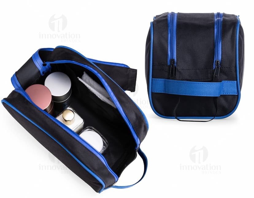 Nécessaire de poliéster preto moderno para viagens e negócios. Acessório elegante e prático para armazenar dinheiro, documentos e objetos pessoais. Compre já e tenha tudo organizado com estilo. Ideal para quem busca praticidade e sofisticação.