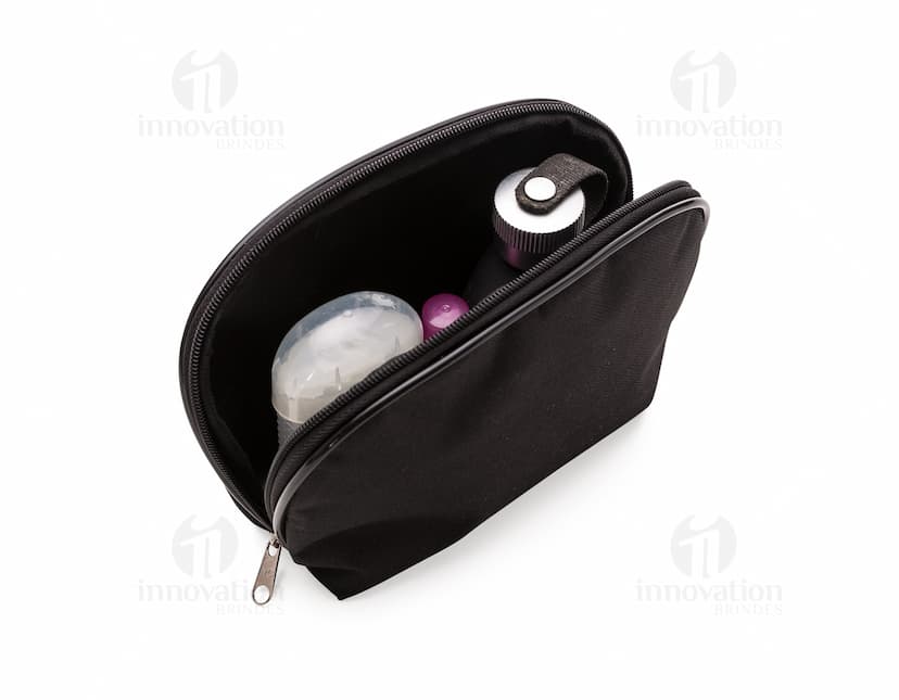 Nécessaire de Nylon Prática preta em formato horizontal, com textura moderna e brilhante. Feita em nylon, é um acessório de moda elegante e funcional, ideal para armazenar itens de higiene pessoal e cuidados médicos.