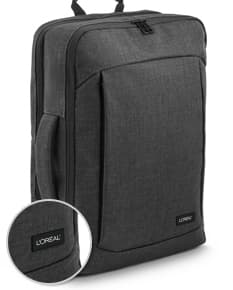 Mochila híbrida 2 em 1 c/ 2 compartimentos, preta, feita de couro, moderna e elegante, com alça de transporte, ideal para viagens de negócios ou uso pessoal.