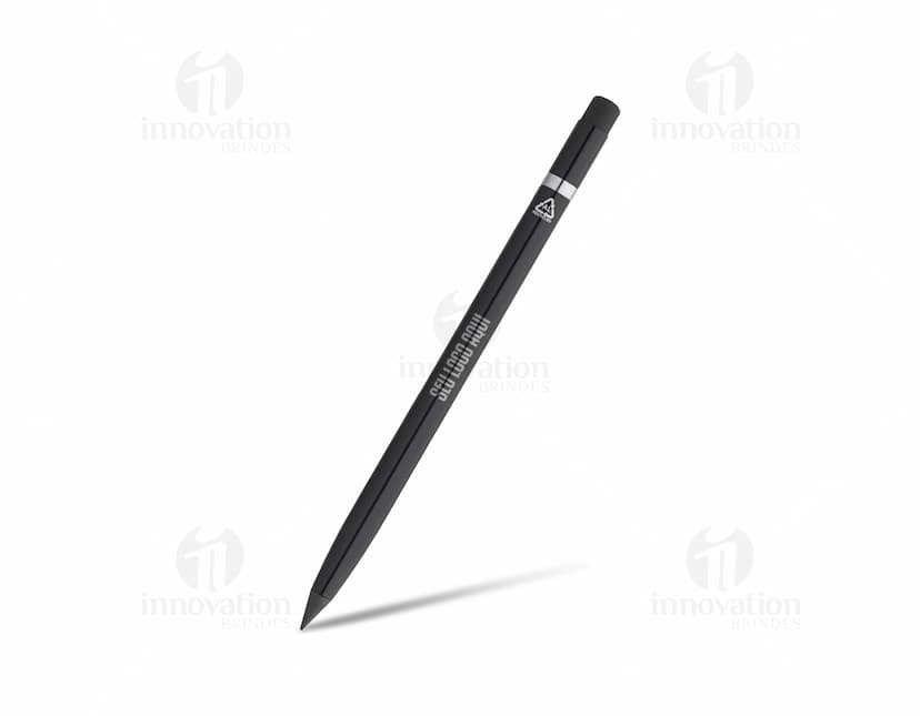 Caneta sem tinta em alumínio sobre papel branco, utilizada como ponteiro e indicador em ambientes de negócios e escritórios. A imagem mostra o equipamento de escrita em close-up, com detalhes em metal prateado e design elegante. Perfeito para escrever, assinar documentos e fazer planos financeiros.