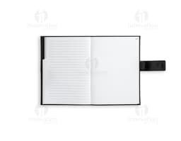Caderno A5 em couro preto para escrita e organização financeira. Perfeito para o escritório ou reuniões de negócios. Ideal