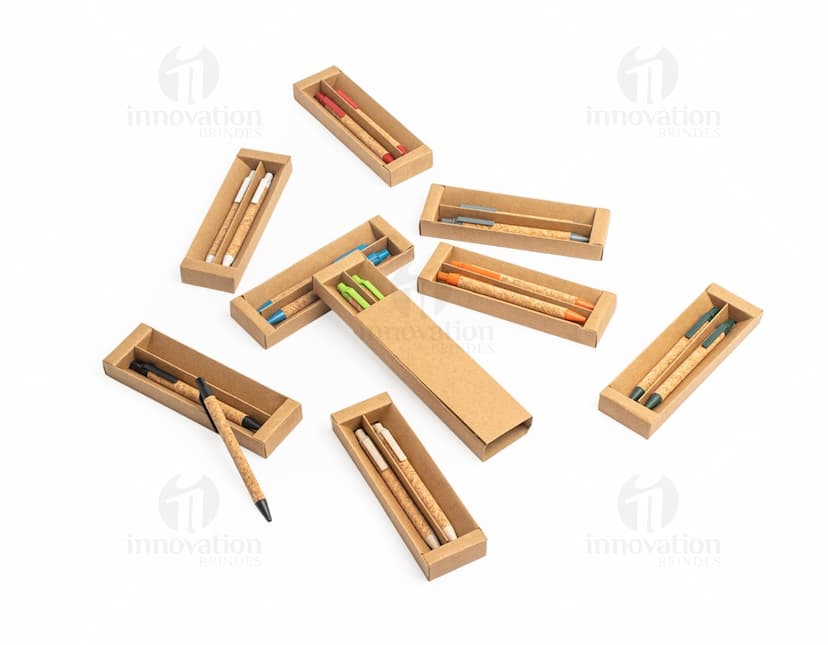 Kit ecológico de caneta e lapiseira para escola e escritório. Com cores vibrantes, fabricado em material reciclado. Ideal para desenhos, trabalhos escolares e anotações. Adquira já o seu! Eco-friendly e prático.