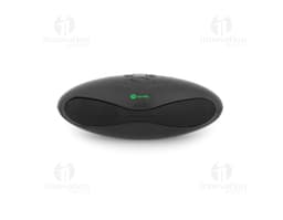 Caixa de som em ABS com microfone na cor preta e prata, desenhada especialmente para otimizar a experiência de áudio ao