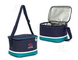 Bolsa térmica de 7 litros, feita de couro marrom com alça de metal e zíper. Possui design elegante e moderno, sendo ideal
