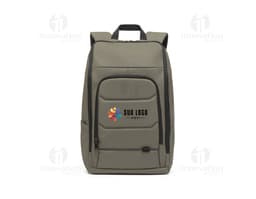Mochila para notebook em tecido 600D preto, com alças ajustáveis, compartimento acolchoado para notebook e bolsos frontais.