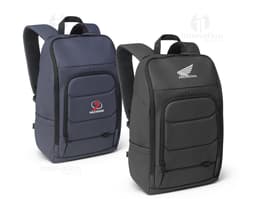 Mochila para notebook em tecido 600D preto, com alças ajustáveis, compartimento acolchoado para notebook e bolsos frontais.