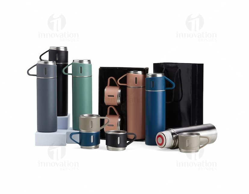 Kit garrafa térmica 450ml c/ sacola em formato 3D, moderno e prático. Garrafa térmica em metal prateado com design elegante, acompanhada de uma sacola preta para transporte. Ideal para manter a temperatura de bebidas por mais tempo, seja no escritório, em viagens ou no dia a dia.