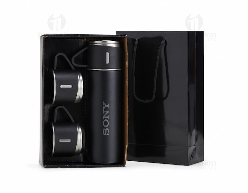 Kit garrafa térmica 450ml c/ sacola em formato 3D, moderno e prático. Garrafa térmica em metal prateado com design elegante, acompanhada de uma sacola preta para transporte. Ideal para manter a temperatura de bebidas por mais tempo, seja no escritório, em viagens ou no dia a dia.