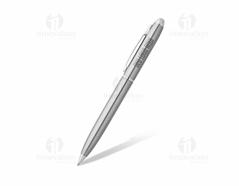 Esferográfica com corpo em aço inox, utensílio de escrita metálico, silverware, utensil de escrita, com ponta afiada e tinta preta.