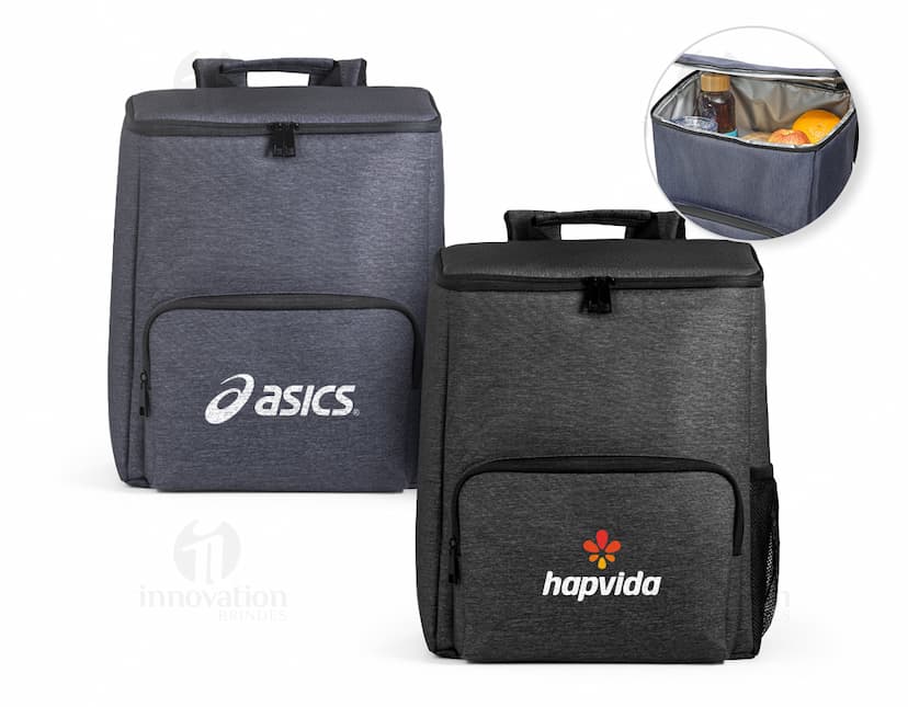 Mochila com isolamento térmico em couro preto, com zíper e alça. Ideal para viagens, armazenamento de objetos e elegância no estilo pessoal.