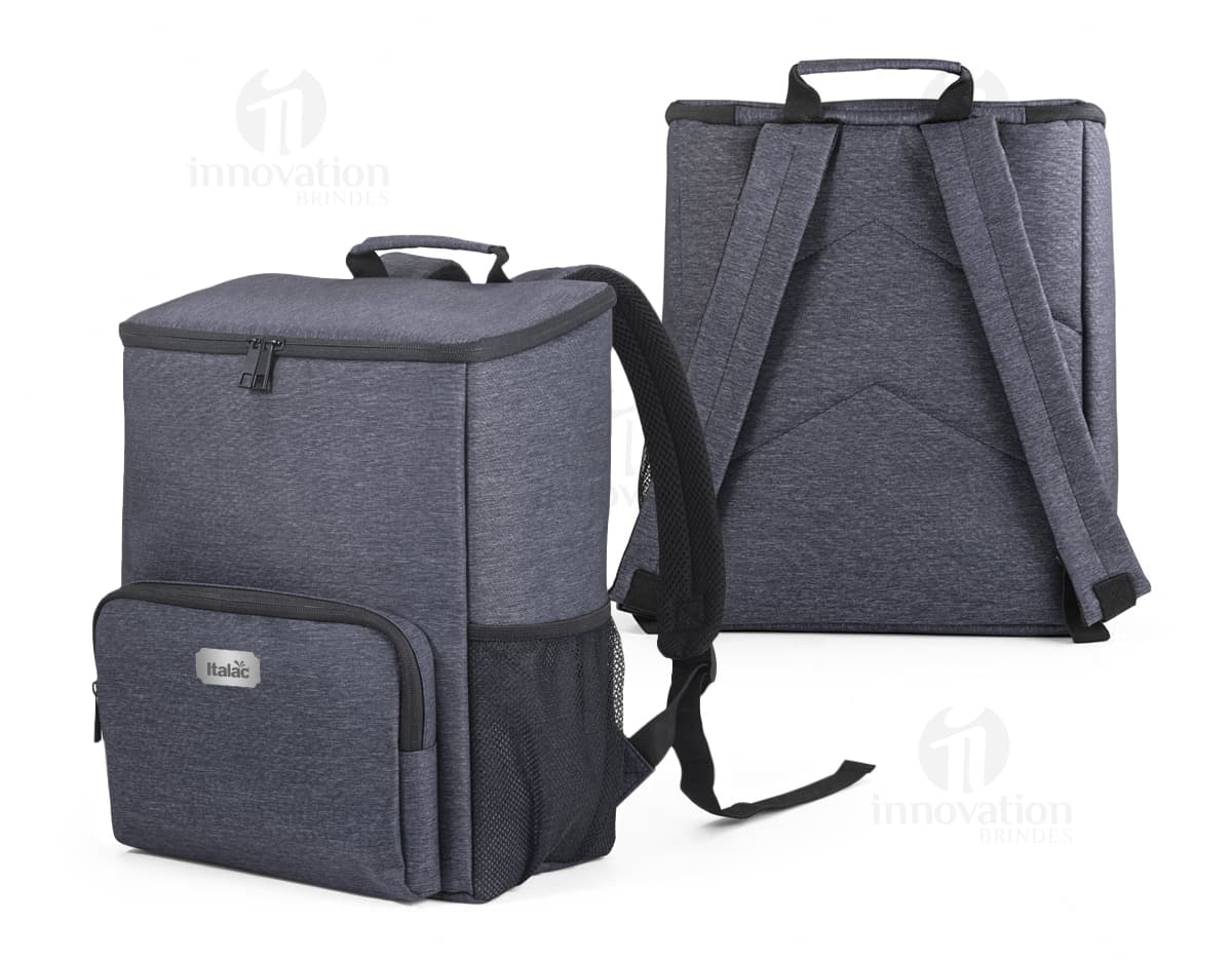 Mochila com isolamento térmico em couro preto, com zíper e alça. Ideal para viagens, armazenamento de objetos e elegância no estilo pessoal.