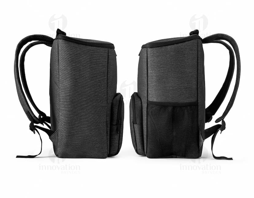Mochila com isolamento térmico em couro preto, com zíper e alça. Ideal para viagens, armazenamento de objetos e elegância no estilo pessoal.